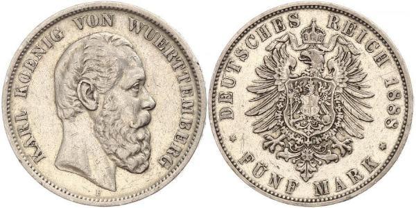 5 Марка Королівство Вюртемберг Срібло Charles I of Württemberg