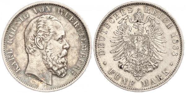 5 Марка Королівство Вюртемберг Срібло Charles I of Württemberg