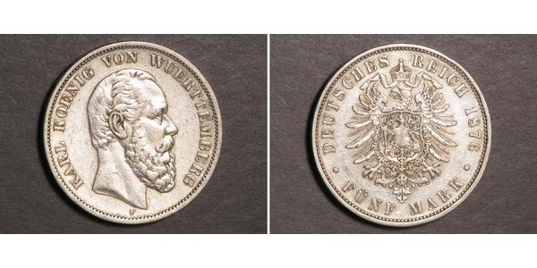 5 Марка Королівство Вюртемберг Срібло Charles I of Württemberg