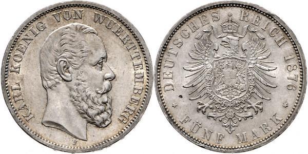 5 Марка Королівство Вюртемберг Срібло Charles I of Württemberg