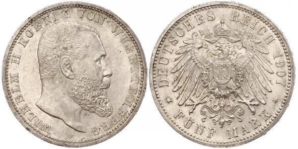 5 Марка Королівство Вюртемберг Срібло Wilhelm II, German Emperor (1859-1941)