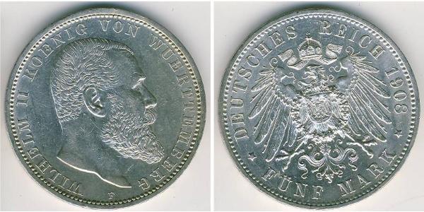 5 Марка Королівство Вюртемберг Срібло Wilhelm II, German Emperor (1859-1941)