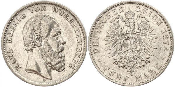 5 Марка Королівство Вюртемберг Срібло Charles I of Württemberg