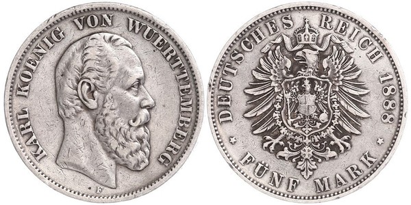 5 Марка Королівство Вюртемберг Срібло Charles I of Württemberg