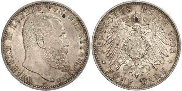 5 Марка Королівство Вюртемберг Срібло Wilhelm II, German Emperor (1859-1941)