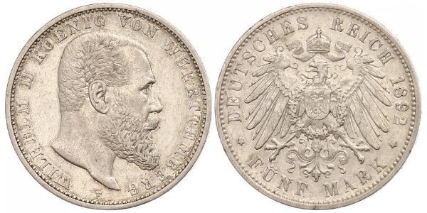 5 Марка Королівство Вюртемберг Срібло Wilhelm II, German Emperor (1859-1941)