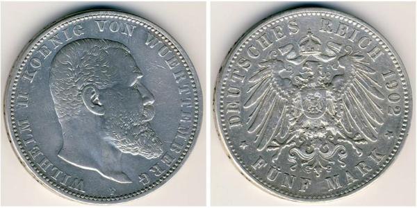 5 Марка Королівство Вюртемберг Срібло Wilhelm II, German Emperor (1859-1941)