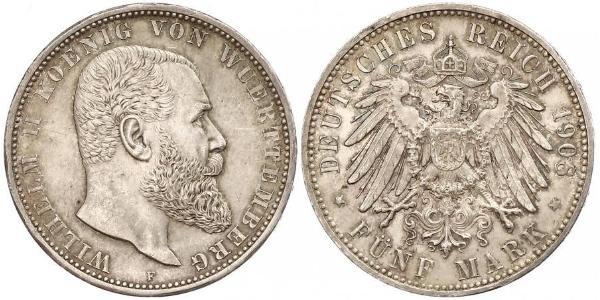 5 Марка Королівство Вюртемберг Срібло Wilhelm II, German Emperor (1859-1941)
