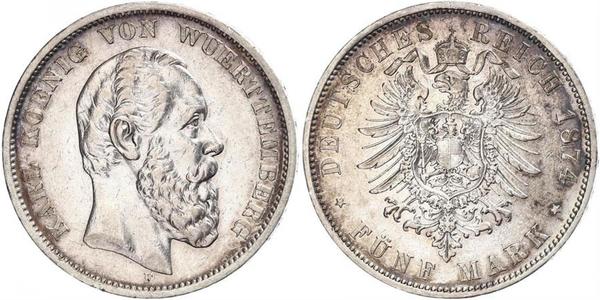 5 Марка Королівство Вюртемберг Срібло Charles I of Württemberg