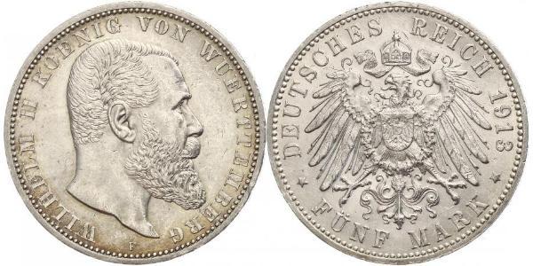 5 Марка Королівство Вюртемберг Срібло Wilhelm II, German Emperor (1859-1941)