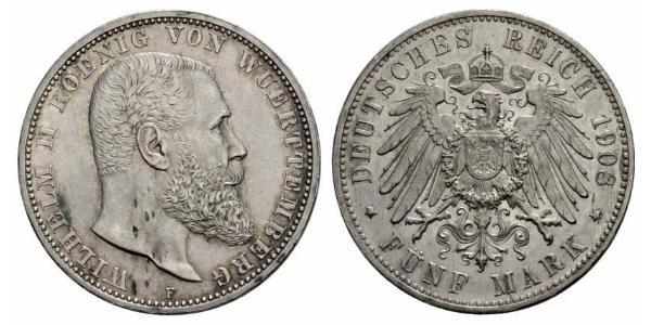 5 Марка Королівство Вюртемберг Срібло Wilhelm II, German Emperor (1859-1941)
