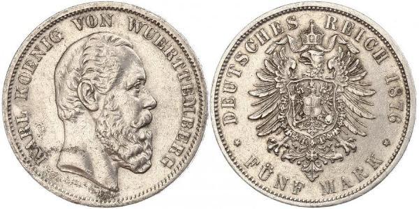 5 Марка Королівство Вюртемберг Срібло Charles I of Württemberg