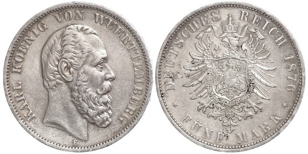 5 Марка Королівство Вюртемберг Срібло Charles I of Württemberg