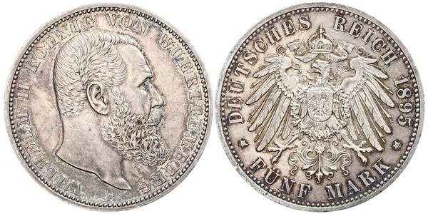 5 Марка Королівство Вюртемберг Срібло Wilhelm II, German Emperor (1859-1941)