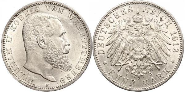 5 Марка Королівство Вюртемберг Срібло Wilhelm II, German Emperor (1859-1941)