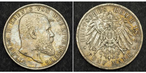 5 Марка Королівство Вюртемберг Срібло Wilhelm II, German Emperor (1859-1941)