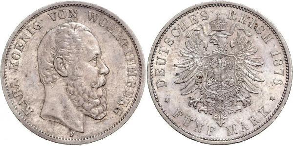 5 Марка Королівство Вюртемберг Срібло Charles I of Württemberg