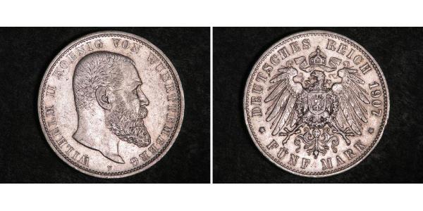 5 Марка Королівство Вюртемберг Срібло Wilhelm II, German Emperor (1859-1941)
