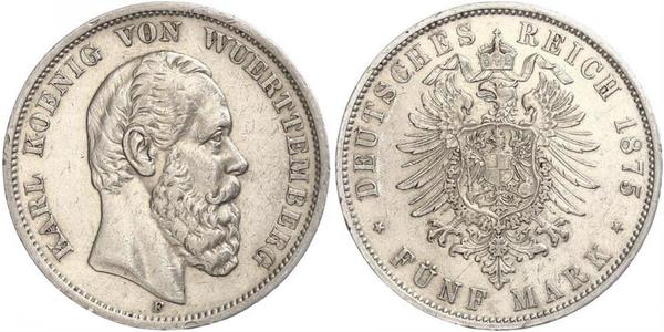 5 Марка Королівство Вюртемберг Срібло Charles I of Württemberg