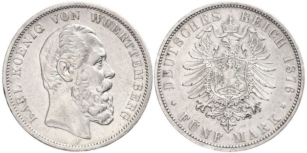 5 Марка Королівство Вюртемберг Срібло Charles I of Württemberg