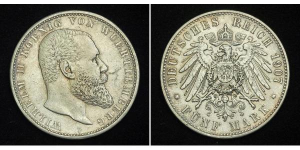 5 Марка Королівство Вюртемберг Срібло Wilhelm II, German Emperor (1859-1941)