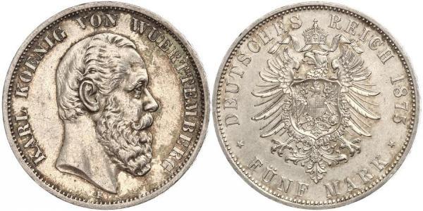 5 Марка Королівство Вюртемберг Срібло Charles I of Württemberg
