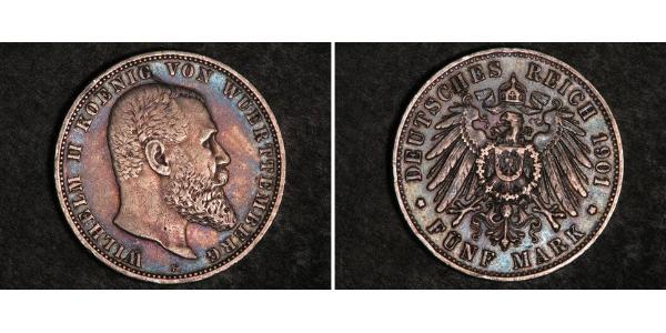 5 Марка Королівство Вюртемберг Срібло Wilhelm II, German Emperor (1859-1941)