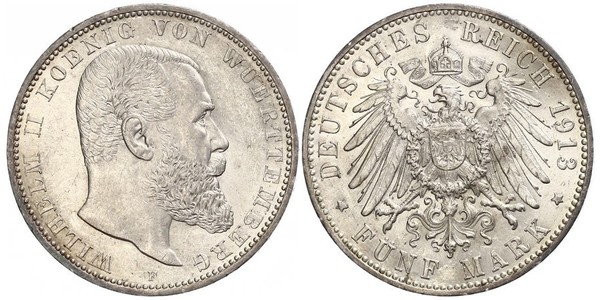5 Марка Королівство Вюртемберг Срібло Wilhelm II, German Emperor (1859-1941)