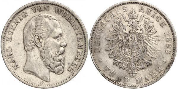 5 Марка Королівство Вюртемберг Срібло Charles I of Württemberg