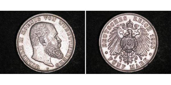 5 Марка Королівство Вюртемберг Срібло Wilhelm II, German Emperor (1859-1941)