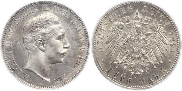 5 Марка Королівство Пруссія (1701-1918) Срібло Wilhelm II, German Emperor (1859-1941)