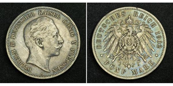 5 Марка Королівство Пруссія (1701-1918) Срібло Wilhelm II, German Emperor (1859-1941)