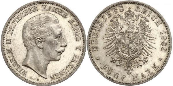 5 Марка Королівство Пруссія (1701-1918) Срібло Wilhelm II, German Emperor (1859-1941)