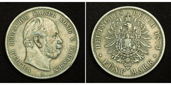 5 Марка Королівство Пруссія (1701-1918) Срібло Wilhelm I, German Emperor (1797-1888)