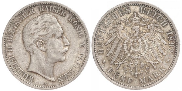 5 Марка Королівство Пруссія (1701-1918) Срібло Wilhelm II, German Emperor (1859-1941)