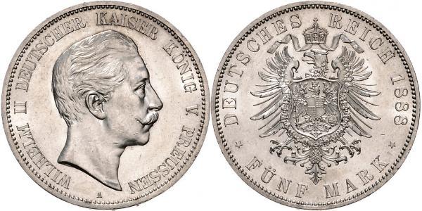 5 Марка Королівство Пруссія (1701-1918) Срібло Wilhelm II, German Emperor (1859-1941)