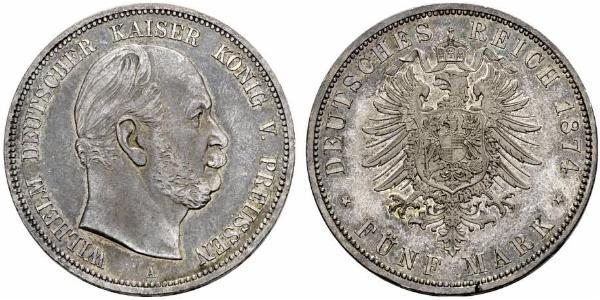 5 Марка Королівство Пруссія (1701-1918) Срібло Wilhelm I, German Emperor (1797-1888)