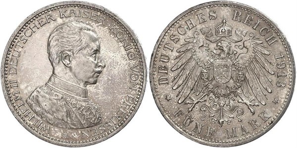 5 Марка Королівство Пруссія (1701-1918) Срібло Wilhelm II, German Emperor (1859-1941)