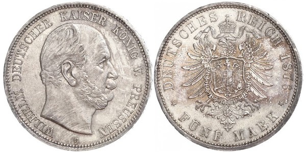 5 Марка Королівство Пруссія (1701-1918) Срібло Wilhelm I, German Emperor (1797-1888)