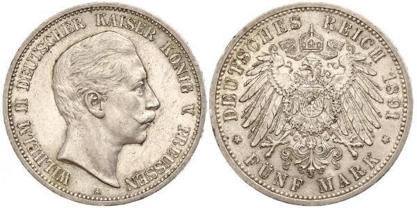 5 Марка Королівство Пруссія (1701-1918) Срібло Wilhelm II, German Emperor (1859-1941)