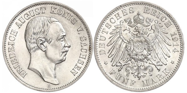 5 Марка Королівство Саксонія (1806 - 1918) Срібло Frederick Augustus III of Saxony (1865-1932)