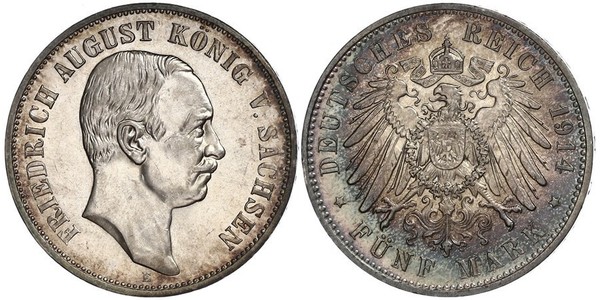 5 Марка Королівство Саксонія (1806 - 1918) Срібло Frederick Augustus III of Saxony (1865-1932)