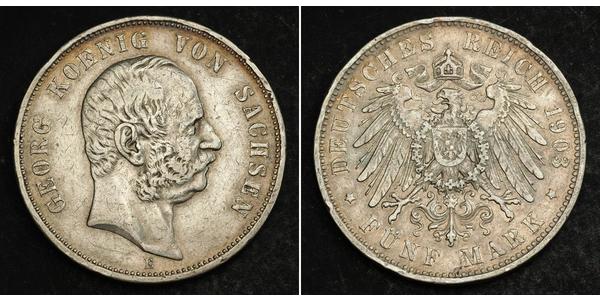 5 Марка Королівство Саксонія (1806 - 1918) Срібло George, King of Saxony
