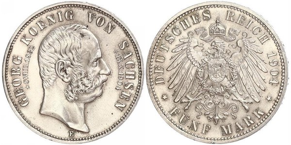 5 Марка Королівство Саксонія (1806 - 1918) Срібло George, King of Saxony