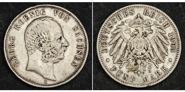 5 Марка Королівство Саксонія (1806 - 1918) Срібло George, King of Saxony