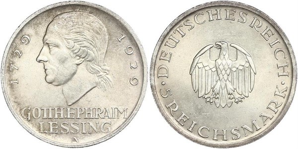 5 Марка Німецька імперія (1871-1918) Срібло Готгольд Ефраїм Лессінг