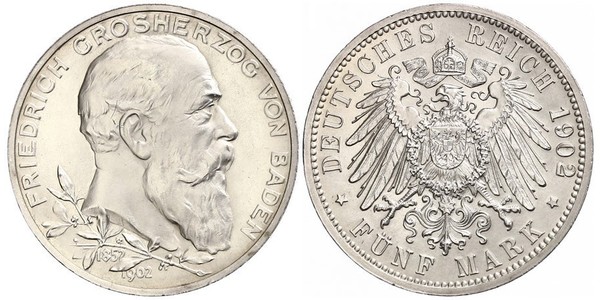 5 Марка Німецька імперія (1871-1918) / Велике герцогство Баден (1806-1918) Срібло Frederick I, Grand Duke of Baden (1826 - 1907)