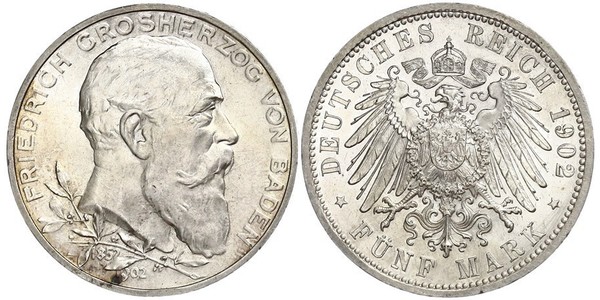 5 Марка Німецька імперія (1871-1918) / Велике герцогство Баден (1806-1918) Срібло Frederick I, Grand Duke of Baden (1826 - 1907)