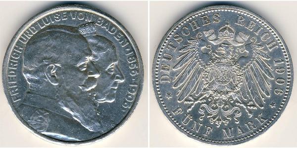 5 Марка Німецька імперія (1871-1918) / Велике герцогство Баден (1806-1918) Срібло Frederick I, Grand Duke of Baden (1826 - 1907)