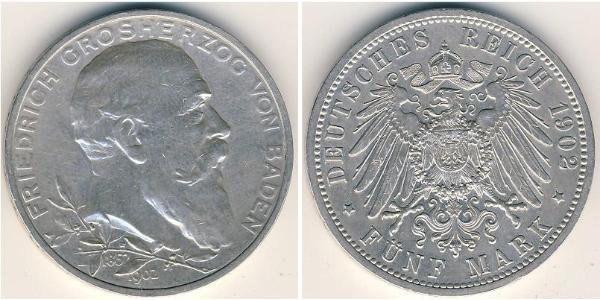 5 Марка Німецька імперія (1871-1918) / Велике герцогство Баден (1806-1918) Срібло Frederick I, Grand Duke of Baden (1826 - 1907)